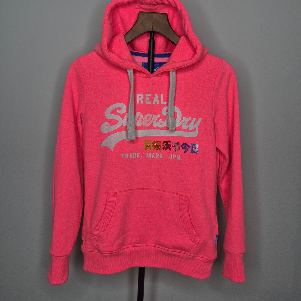 Superdry Pink Neon Heather Rhinestone Logo Hoodie Japanese Y2K Aesthetic US 4 S
